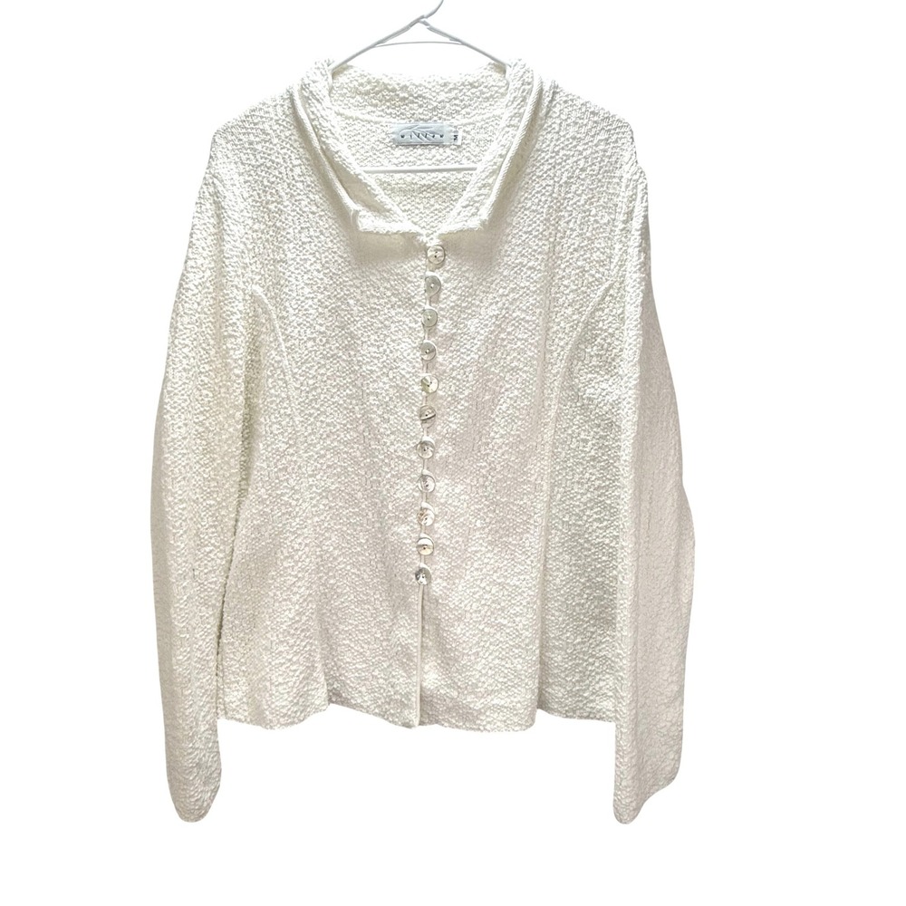 Willow Cardigan Sweater M White Cotton Knit Mother o Pearl Buttons Lagenlook USA